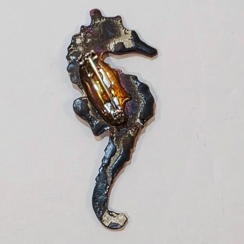 Vintage Swirl Blue Green Enamel Over Metal Seahorse Brooch Pin Ocean Marine Life